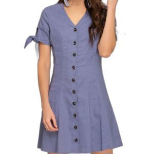 Christina Jacobs Periwinkle V Neck Button Up Cotton & Linen Tie Skater Dress S